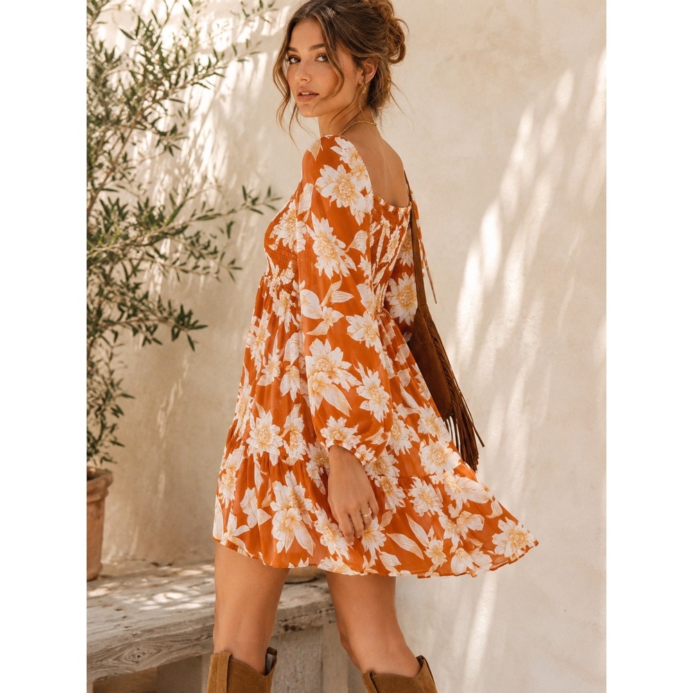 Harper‎ 241 Floral Smocked Mini Dress Boho Cottagecore Pumpkin Spice Medium